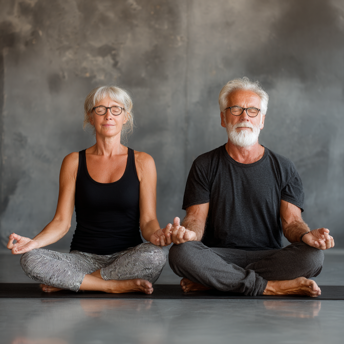Senior practică yoga într-un mediu liniștit